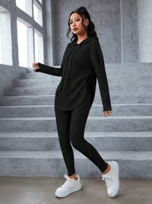SHEIN PETITE Split Hem Drawstring Hooded Sweatshirt & Leggings - Black - View 3