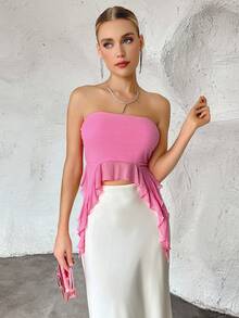 SHEIN Privé 不對稱下擺抹胸上衣 - 粉色 - 查看 3