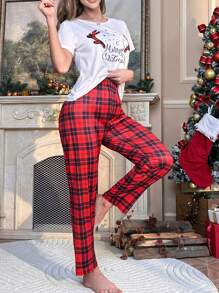 Christmas Print Tee & Plaid Pants PJ Set - Multicolor - View 5