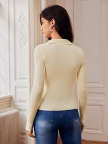 SHEIN Frenchy Solid Ribbed Knit Button Front Cardigan Winter Casual - Beige - View 2