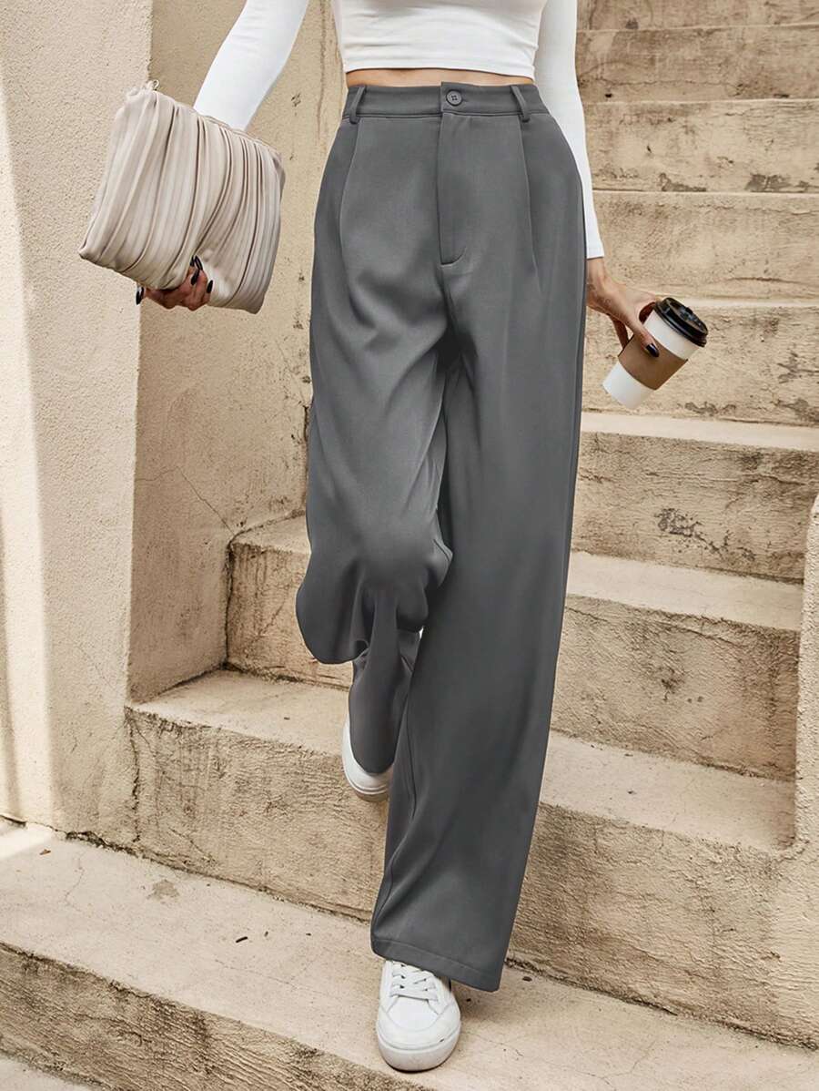 SHEIN Frenchy Women's Old Money Style Vacation & Casual Solid Color Button-Front Linen Straight Pants