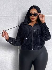 Maweii Plus Zip Up Drawstring Hooded Velvet Jacket - Black - View 5