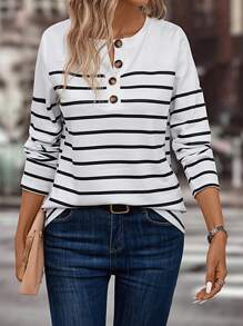 EMERY ROSE Striped Print Half Button Tee Graphic Tees Women Tops Fall Cloth For Women - Black and White - View 3