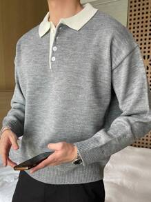 DAZY Men Contrast Polo Neck Drop Shoulder Sweater,Fall Clothes - Grey - View 3