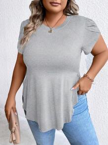 Calvaya Hơn Tay áo cánh hoa Curved Hem Áo thun - Màu Xám nhạt - Xem 5