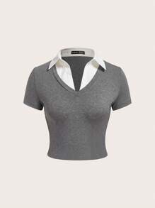 SHEIN EZwear Camiseta 2 en 1 de cuello en contraste - Gris - Ver 5