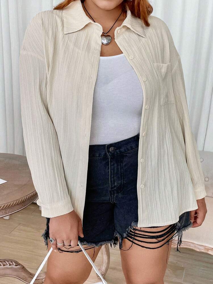 Plus Drop Shoulder Pocket Patched Shirt Fall Cloth For Women