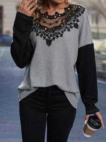 SHEIN LUNE Chèn ren Guipure Áo thun Thả vai - Nhiều màu - Xem 3