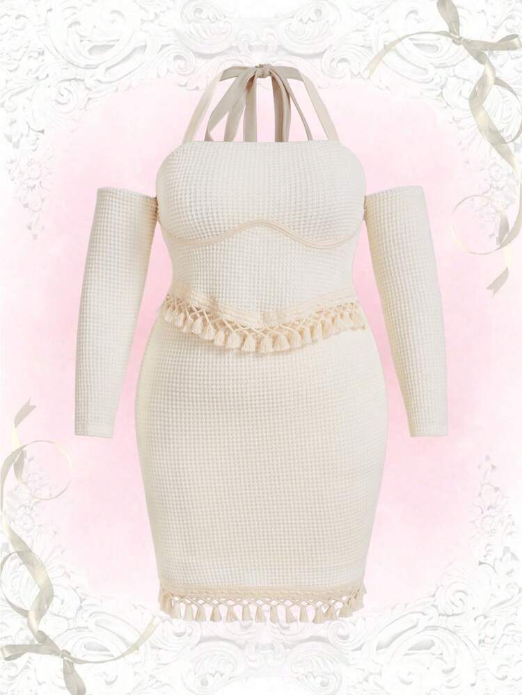 Plus Halter Neck Tassel Trim Top & Bodycon Skirt