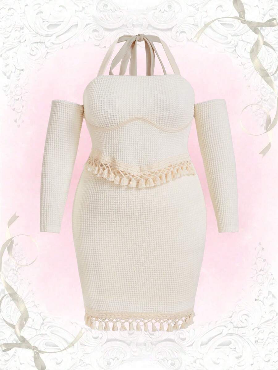 Flirla Plus Halter Neck Tassel Trim Top & Bodycon Skirt