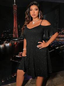 Plus Cold Shoulder Glitter Dress - Black - View 8