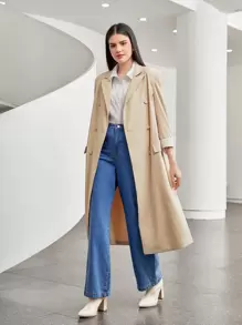 Seusyu Lapel Neck Double Breasted Belted Coat - Khaki - View 1