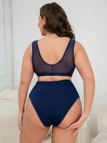 Plus Contrast Mesh Bra & Panty Set - Navy Blue - View 2
