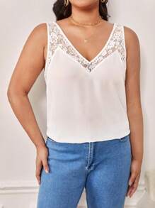 SHEIN LUNE Plus Contrast Lace V Neck Blouse - White - View 1