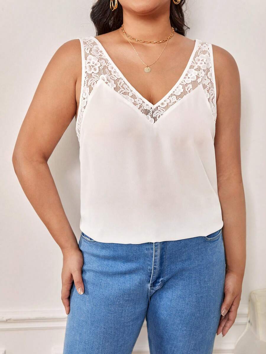 SHEIN LUNE Plus Contrast Lace V Neck Blouse - White - View 1