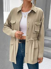 SHEIN Essnce 有蓋口袋落肩抽繩馬甲 - 卡其色 - 查看 5