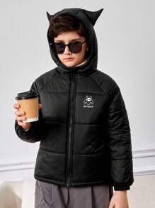 SHEIN Tween Boy Slogan & Cartoon Graphic Raglan Sleeve Hooded Padded Coat - Black - View 2