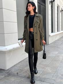 EURMUSE Double Breasted Belted Trench Coat - Green - View 4