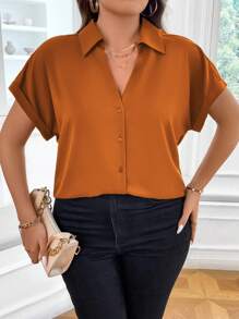 Calvaya Plus Solid Batwing Sleeve Shirt - Burnt Orange - View 3