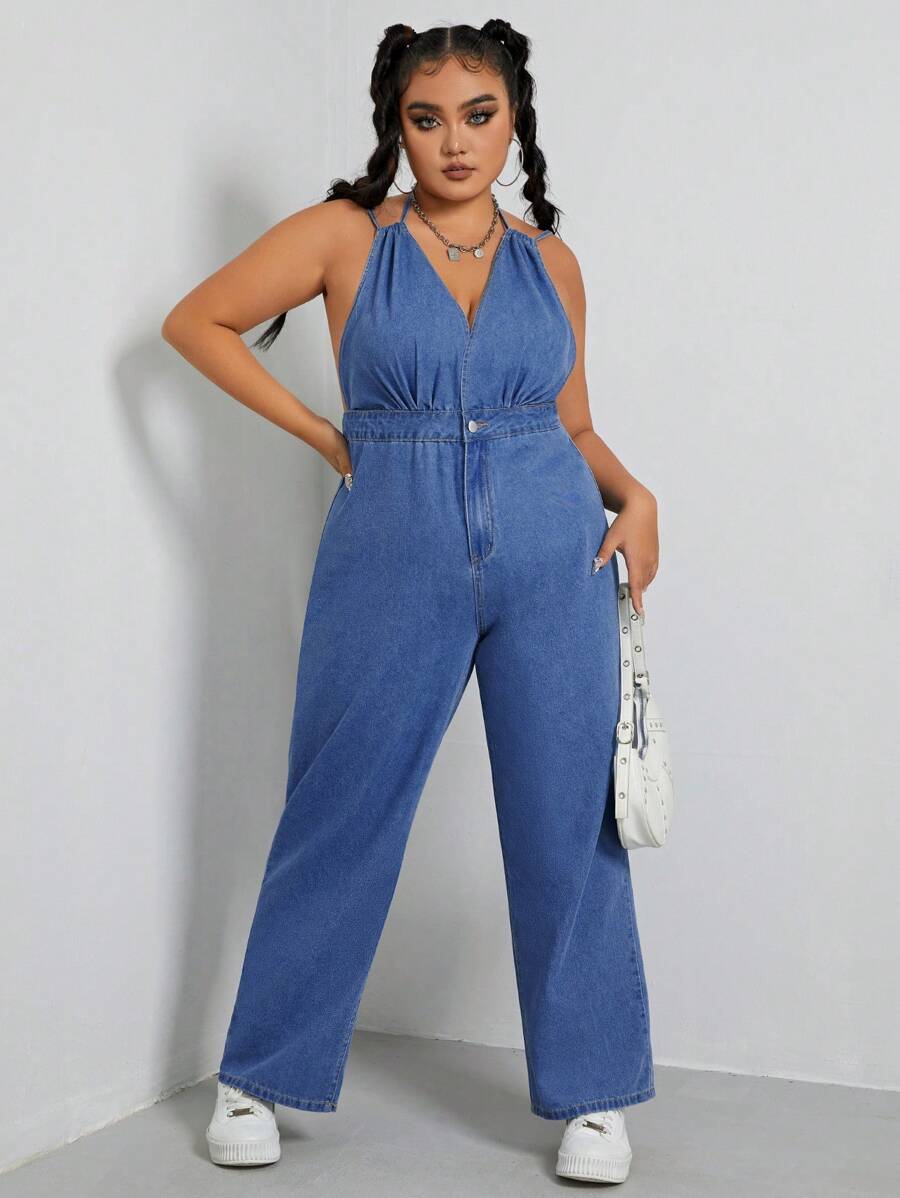 SHEIN EZwear 加繫帶露背掛脖牛仔連身褲 - 藍色 - 查看 1