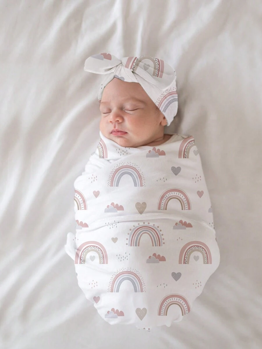 SHEIN Newborn Girl Photography Props Rainbow Print Swaddle Blanket With Matching Turban Hat Baby Girl PhotoShoot Wrap - Multicolor - View 1