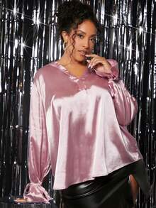 SHEIN CURVE+ Hơn Tay áo loe Nút ven Áo sơ mi - Hồng - Xem 5