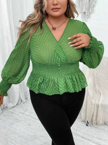 SHEIN CURVE+ Plus Surplice Neck Lantern Sleeve Peplum Blouse - Green - View 4