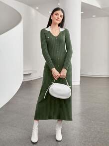 Seusyu Contrast Collar Button Front Sweater Dress - Army Green - View 1