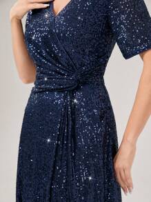 SHEIN Belle Surplice Neck Draped Sequin Dress - Navy Blue - View 6