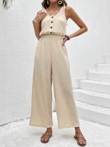 SHEIN VCAY 正面鈕扣闊腿背心連身褲 - 卡其色 - 查看 6