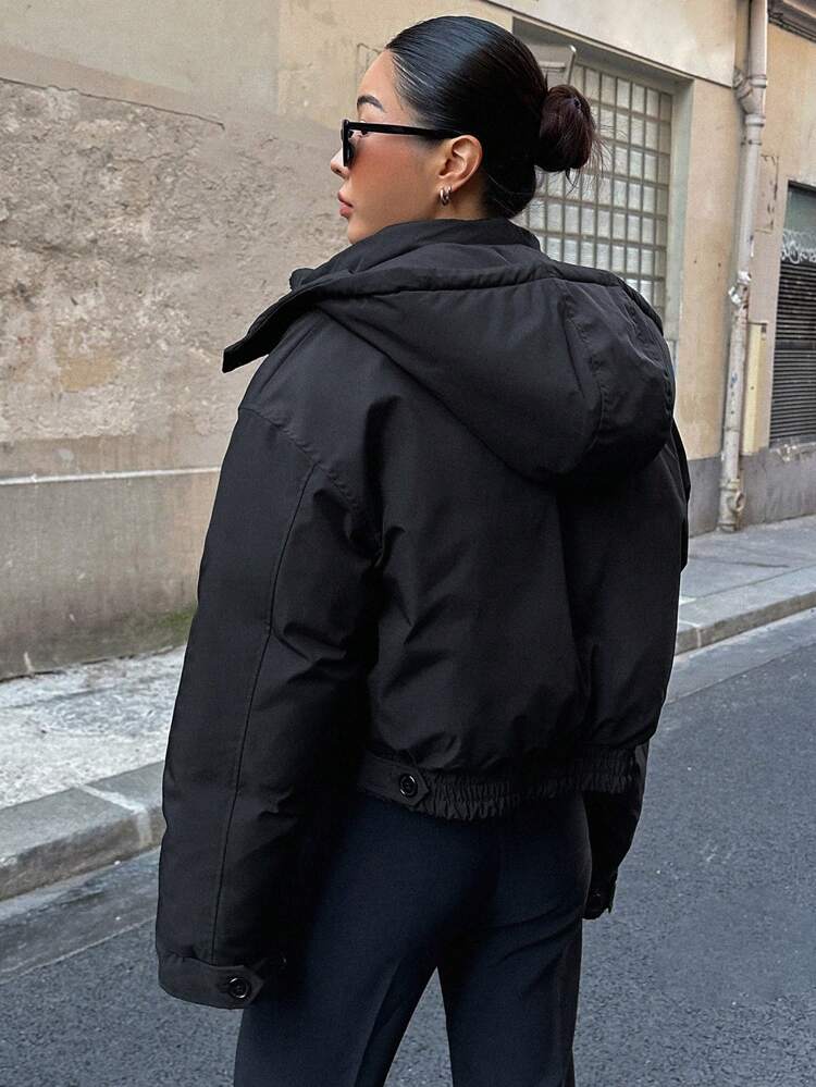 Flap Pocket Drop Shoulder Padded Pockets Coat, Women Winter Coat Jacket