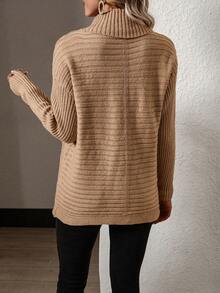 SHEIN Essnce Turtleneck Dual Pocket Drop Shoulder Sweater - Khaki - View 2