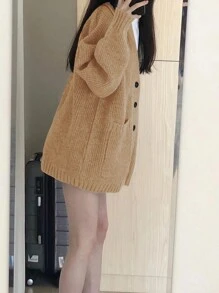 Alicedudu 纯色落肩宽松开衫，休闲百搭 - 黃色 - 查看 2