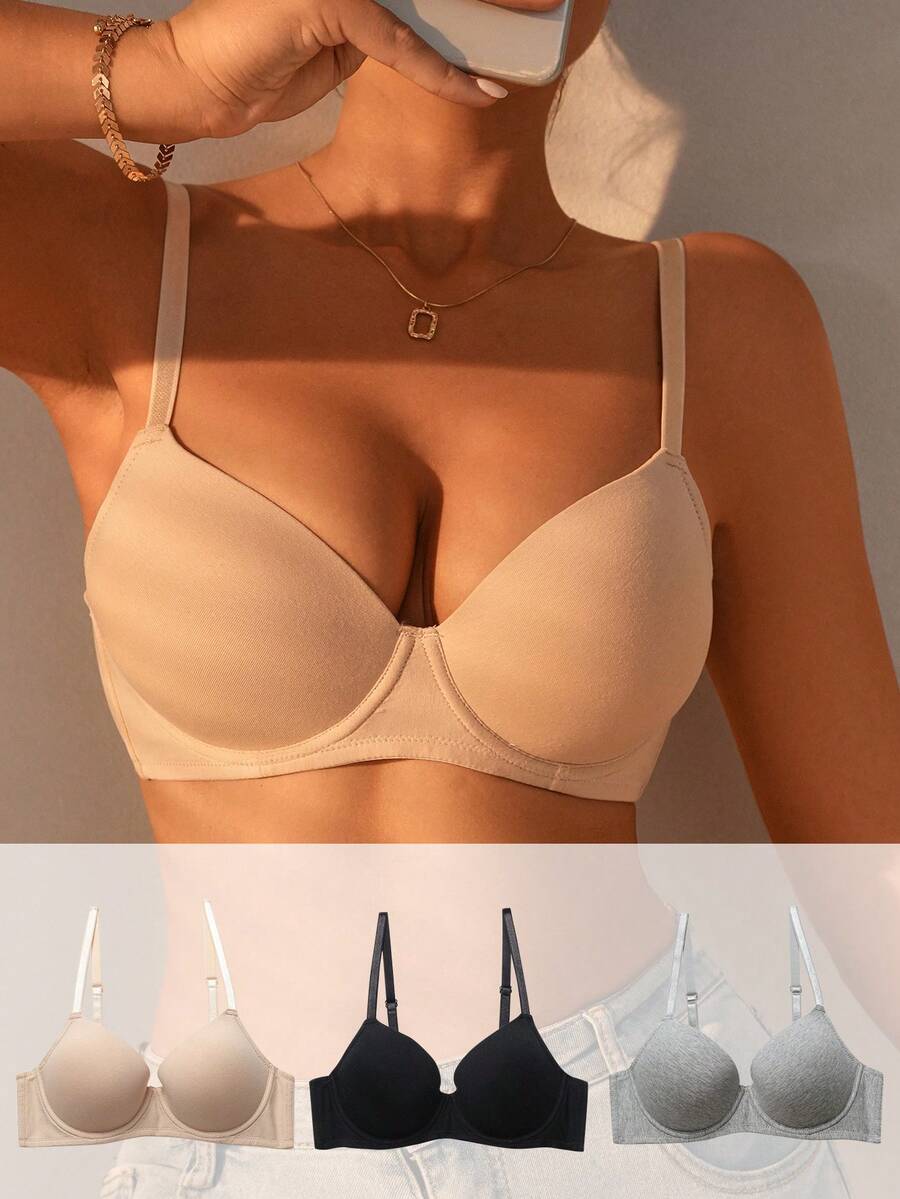 SHEIN 3 piezas Sujetador push up unicolor con aro - Multicolor - Ver 1
