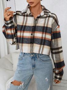 SHEIN EZwear 格纹印花落肩衬衫、长袖上衣 - 彩色 - 查看 6