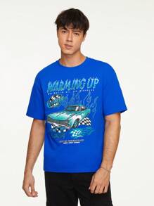 Manfinity RebelGame Loose Fit Men's Car & Letter Graphic Drop Shoulder T-Shirt - Blue - View 1
