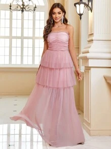 SHEIN Belle Ruched Bust Layer Hem Mesh Tube Bridesmaid Dress - Dusty Pink - View 5