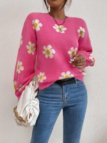 Chiquease 花卉圖案落肩袖套頭毛衣 - 玫紅色 - 查看 6