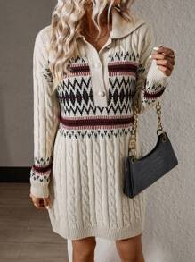 Breezaya Women's Retro Style Minimalist Casual Knit Sweater Dress - Apricot - View 6