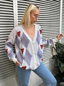 EURMUSE Argyle Pattern Drop Shoulder Button Front Cardigan - White - View 4