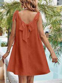 Soleia Solid Tie Shoulder Cover Up Dress, For Summer Beach Vacation - Rust Brown - View 1