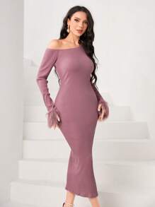 Modelyn Asymmetrical Neck Fuzzy Cuff Bodycon Dress Without Belt Long Evening Dresses