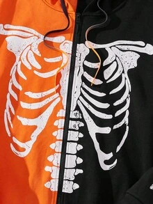 Manfinity Roghcode Men Plus Halloween Skeleton Print Two Tone Drawstring Hoodie, For Fall Winter - Multicolor - View 5