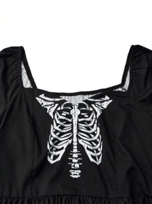 SHEIN Clasi Halloween Plus Skeleton Print Sweetheart Neck Lantern Sleeve Dress - Black - View 3