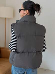 DAZY Zip Up Puffer Vest Pockets Coat - Grey - View 2