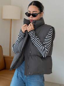 DAZY Zip Up Puffer Vest Pockets Coat - Grey - View 3