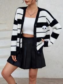 SHEIN Unity Striped Pattern 3D Panda Detail Drop Shoulder Cardigan - Black and White - View 6