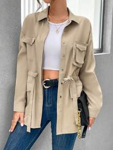 SHEIN Essnce 有蓋口袋落肩抽繩馬甲 - 卡其色 - 查看 3