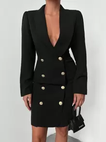 EURMUSE Shawl Collar Double Breasted Blazer Dress - Black - View 3