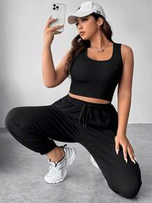 SHEIN EZwear Plus Solid Tank Top & Drawstring Waist Sweatpants - Black - View 3